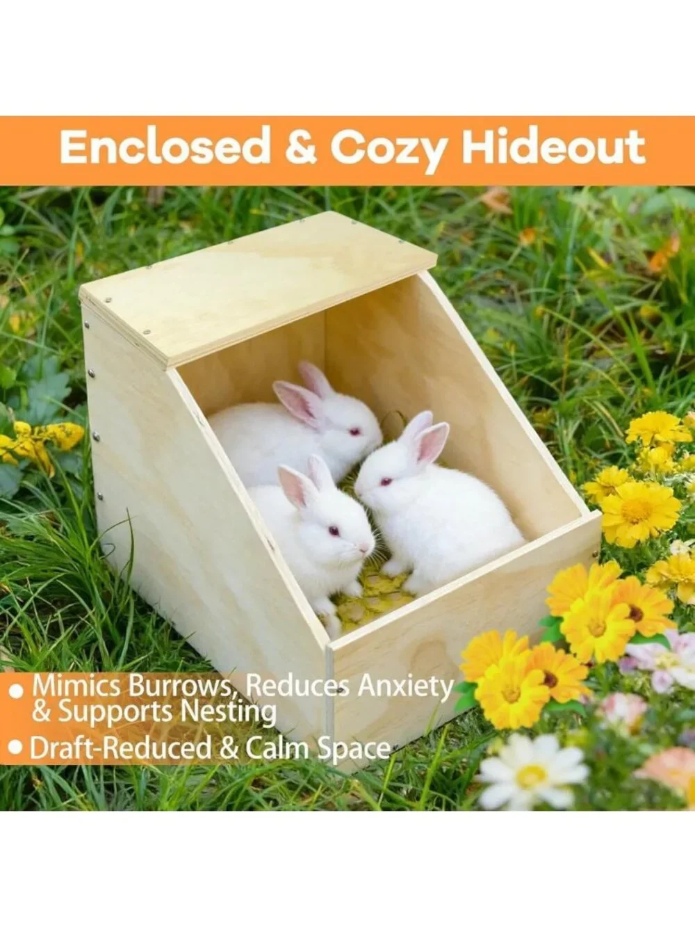 Cozy Wooden Rabbit Nesting Box - Solid Wood Small Animal Hideout, 16x11x11
